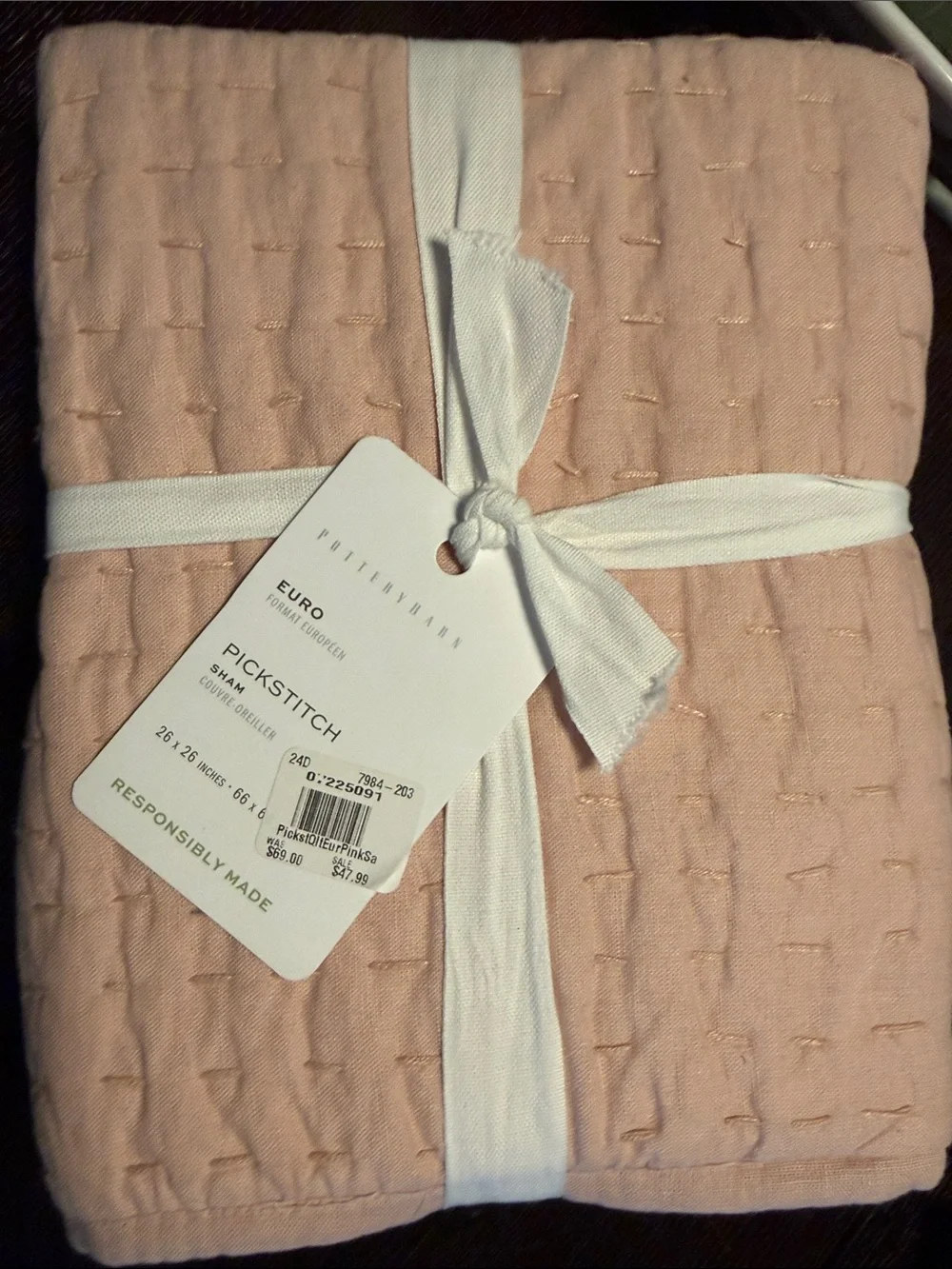 Pottery Barn Pickstitch Euro Sham - Blush 26” x 26”